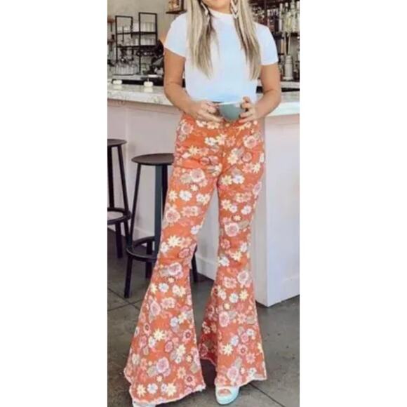 Altar’d State Cindy Retro Flare pant denim XS daisy pink coral floral bellbottom - Picture 1 of 8